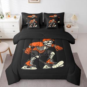 Erosebridal Комплект постельного белья Ice Hockey с готическим принтом скелетов и спортивной тематикой хоккея, Black Orange