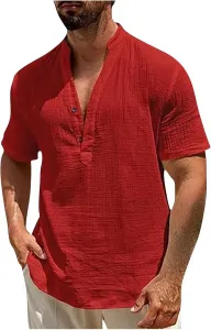 Мужская футболка Henley с коротким рукавом, летняя, льняная