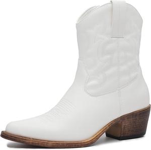Женские ковбойские ботинки GLOBALWIN Милые ботинки в стиле ковбой с вышивкой, боковой молнией и массивным каблуком, 23Yy16 White