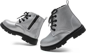 Детские ботинки для мальчиков и девочек яркого цвета со шнуровкой, ботинки на щиколотку с боковой молнией Mybozz, Silver Glitter-T629