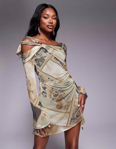 Мини-платье ASOS DESIGN с рукавами-ангелом и завязками на завязках, с принтом в виде синей плитки