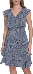 Женское шифоновое мини-платье Tommy Hilfiger с оборками и завязкой на талии, French Blue Multi