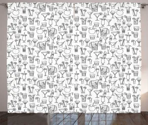 Штора ABAKUHAUS "Водка-Сода" в деревенском стиле, монохромные коктейли, присборенная штора из тесьмы для спальни с петлями и крючками, 280 x 175 см, цвет "угольно-серый белый" Abakuhaus