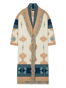 Жаккардовое пальто-кардиган Icon с бахромой Alanui, светло-бежевый