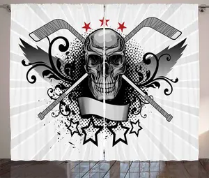 Штора для спальни ABAKUHAUS Ice Hockey Rustic, череп с палками и звездами, со сборками, петлями и крючками, 280 x 175 см, цвет: черный, белый, светло-серый Abakuhaus