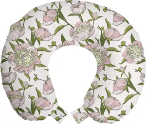 Подушка для шеи ABAKUHAUS Floral Travel Pillow, с рисунком цветущих пионов, дорожный аксессуар из пеноматериала для самолета и автомобиля, 30 x 30 см, розовый хаки Abakuhaus