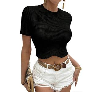 Женская блуза с коротким рукавом, укороченная, с воротником-гольф и бахромой Clearflower, Black