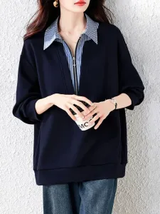 Полосатая рубашка, многослойный стиль, пуловер на молнии, женская блузка Doux Belle, цвет Navy