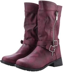 Женские ботинки GUNIYIFS Челси с низким каблуком, средний голень, боевые ботинки из кожи с круглым носком, боковой молнией, свадебные ботильоны, Wine