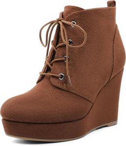 Женские ботильоны AUMOTED с круглым носком, на шнуровке, на платформе и каблуке-клине, 10 см, теплые ботинки для вечеринок и вечеров, Brown