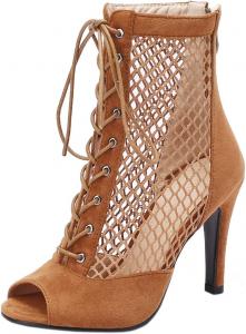 Женские сандалии SHEMEE с открытым носком, сеткой, высокими каблуками-стилетами, ботильоны на шнуровке с открытым носком и задней молнией для лета, Brown Suede 9Cm Heel