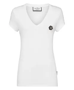 Футболка с V-образным вырезом, классическим кроем и шестиугольным рисунком. Philipp Plein, белый