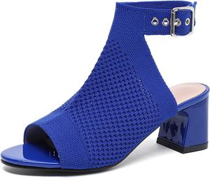 Женские вязаные босоножки с открытым носком, застежкой на щиколотке и толстым каблуком, летние дышащие с сеткой, с открытым носком, на массивном каблуке, модные рабочие и прогулочные сандалии GHIBHNA, Blue