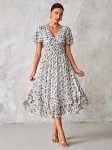 Платье миди из шифона с абстрактным принтом животных и воланами Jolie Moi, Purple Animal