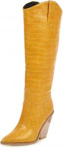 Женские сапоги FOWT до колена с тиснением под крокодила, ковбойские сапоги на высоких устойчивых каблуках на танкетке, длинные сапожки на подтяжках, заостренные носки, зимние и осенние теплые рабочие и повседневные сапоги, размеры 6-12 США, Yellow