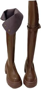 Женские высокие ботфорты на платформе с квадратным каблуком, длинные ботильоны на осень и зиму, стильная обувь без застежки Generic, Brown