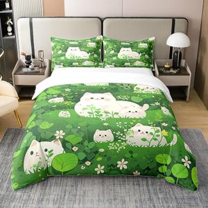 Erosebridal Комплект постельного белья Cartoon Cat из 100% хлопка с принтом котят и цветов в зеленых тонах, Multi 03