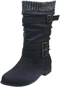 Женские модные сапоги средней длины до икры - с круглым носком, квадратным каблуком, теплой подкладкой, с декоративной пряжкой - подходят для осени и зимы. HoaloX, Black