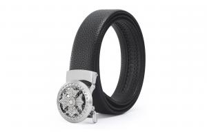 Кожаный ремень из коровьей кожи мужской черный 3,4 см ALIEN BANG, золотистая звездчатая коробка