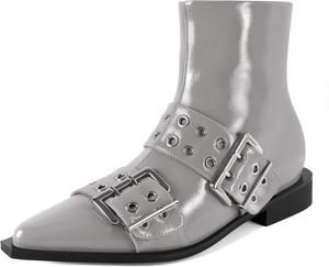 Женские ботильоны SAMMITOP с низким толстым каблуком, классические заостренные носки, боковая молния, ботильоны Челси с металлической пряжкой и люверсами, каблук 3 см, Patent Light Grey