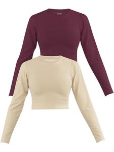 Лонгслив Janice 2 x Damen crop Langarmshirt hochgeschlossen Noia, цвет Beige/Burgund