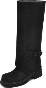 Женские выше колена сапоги для верховой езды с квадратным носком, массивным низким каблуком, мотоциклетные сапоги, мягкие с отворотом, мото-бойкерские сапоги для женщин TEAIEUI, Suede Black