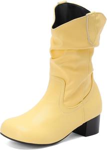 Женские ковбойские сапоги в западном стиле с низким каблуком, круглым носком и широкой голенью, короткие сапожки для ковбойских девушек JOEUSTY, Yellow
