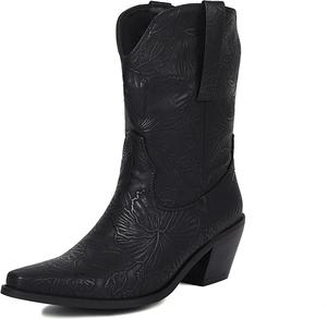 Женские ковбойские ботинки в стиле вестерн с квадратным носком, массивным среднем каблуком и вышивкой YUHATRG, Black