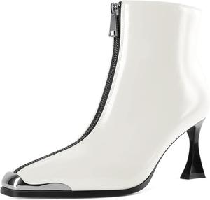 Ботильоны Eldof Damen с передней молнией, катушечными каблуками, квадратным носком, средним каблуком, короткие кожаные сапоги, сексуальные, элегантные туфли для вечеринок, 7,6 см, Weiss/Opulenter Garten