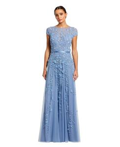 Женское короткое платье с цветочным декором и сетчатыми рукавами Mac Duggal, Sky blue