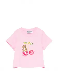 Футболка с мотивом мишки и вишневой деталью Moschino Kids, розовый