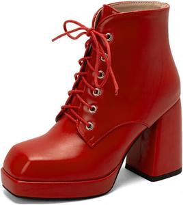 Женские ботильоны Aflngle на шнуровке с квадратным носком, массивным высоким каблуком, короткие, повседневные, в стиле панк, мотоциклетные, Red