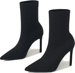 Сексуальные ботильоны Chelsea с заостренным носком из трикотажа для женщин, высокие каблуки-стилет, сетчатые эластичные носки, модные ботинки на высоком каблуке, облегающие, для платья, свадьбы, средний голень, короткие ботинки AEGNONGL, Black-3.15In