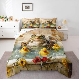Erosebridal Комплект постельного белья Funny Frog and Duck с желтыми уточками и цветочным принтом для детской комнаты, Taupe Beige