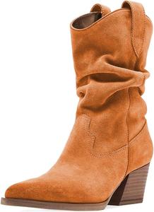 Женские сапоги западного стиля с запрокидывающейся верхней частью до середины голени, закрытые с заостренным носком, с средним каблуком, многослойные ботильоны, рабочие, для вечеринок, зимняя обувь, размеры US 4-16 Wo wagas, Orange