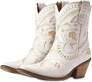 Женские ковбойские ботильоны Западного стиля с цветочным дизайном, с массивным каблуком, на невысокой танкетке, слипоны Generic, White
