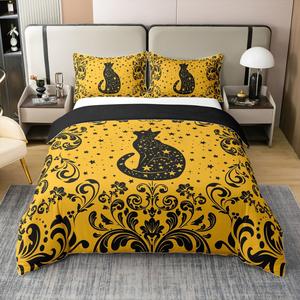 Erosebridal Комплект постельного белья Black Cat в европейском викторианском стиле с милым животным принтом, желтый жаккардовый дамаск для детей и подростков, Black Yellow