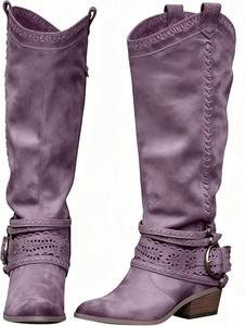 Винтажные высокие сапоги с боковой молнией, удобные бохо-сапоги из кожи до колена, с массивным каблуком средней высоты, модные осенние платья, высокие зимние ботинки Generic, A-Purple