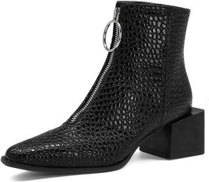 Женские кожаные ботильоны PURCHAWEE с квадратным носком, ручной работы, с острым носком, массивным каблуком средней высоты, передней молнией, модные короткие ботинки, Black