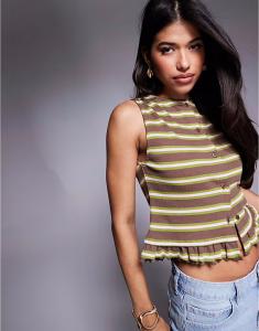 Топ свободного кроя без рукавов с оборками и полосками ASOS DESIGN коричневого цвета