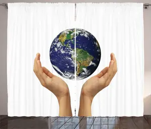 Штора ABAKUHAUS "День Земли" в деревенском стиле, руки держат земной шар, универсальная, с петлями и крючками, для гостиной, 280 x 225 см, цвет: темно-синий, оливково-зеленый Abakuhaus