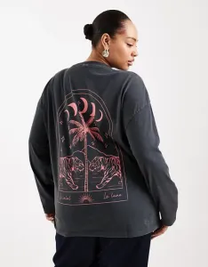 Темно-серая футболка с длинными рукавами и изображением луны и тигра ASOS DESIGN Curve