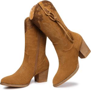 Женские ковбойские сапоги SHIBEVER: западные высокие каблуки, замшевые сапоги средней высоты с молнией, 1034-Camel