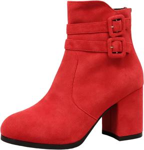 Женские замшевые ботильоны с круглым носком и массивным каблуком, на щиколотке, с двумя пряжками, в ретро-стиле, с боковой молнией, короткие ботинки для деловых встреч, свадеб и официальных мероприятий NXNBHSL, Red