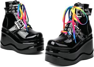 Женские готические ботильоны на платформе из лакированной кожи с боковой молнией, круглым носком, цветной шнуровкой и танкеткой, для вечеринок и свиданий NEJKG, Black