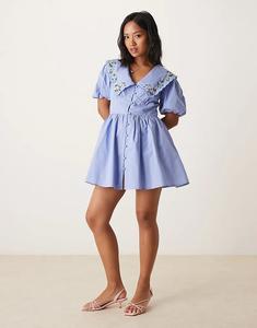 Мини-платье Nobody's Child Petite с вышитым воротником в виде птички синего цвета
