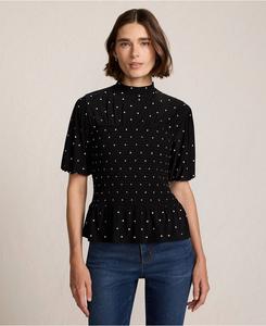 Женская шелковистая трикотажная блузка с рукавами-пузырями, сборками и воротником-стойкой Lands' End, Black/ivory dot