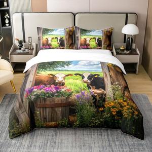Erosebridal Комплект постельного белья Milk Cow Duvet Cover Set в деревенском стиле с принтом быков, 100% хлопок, для девочек, фермерский декор, Brown Green Blue White