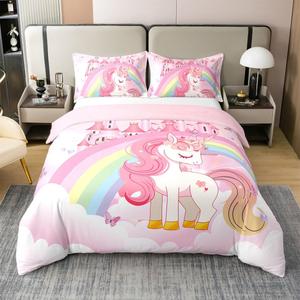 Erosebridal Комплект постельного белья из 100% хлопка с принтом единорогов и радуги для девочек, Pink Gold