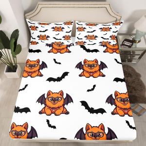 Erosebridal Комплект постельного белья Happy Halloween с принтом щенков и летучих мышей, White Black Chocolate